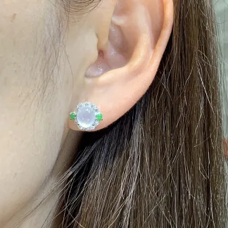 High-Icy Glowing Natural Jadeite Cabochon Stud Earrings — S925 Silver · No. B650 (photo 5)