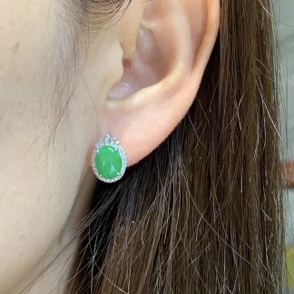 Vivid Green Natural Jadeite Cabochon Stud Earrings — S925 Silver · No. F2EA (photo 5)