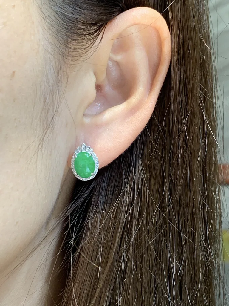 Vivid Green Natural Jadeite Cabochon Stud Earrings — S925 Silver · No. F2EA (photo 5)