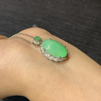 Icy Soft Vivid Green Natural Jadeite Cabochon Pendant — S925 Silver · No. A6A5 (photo 4)