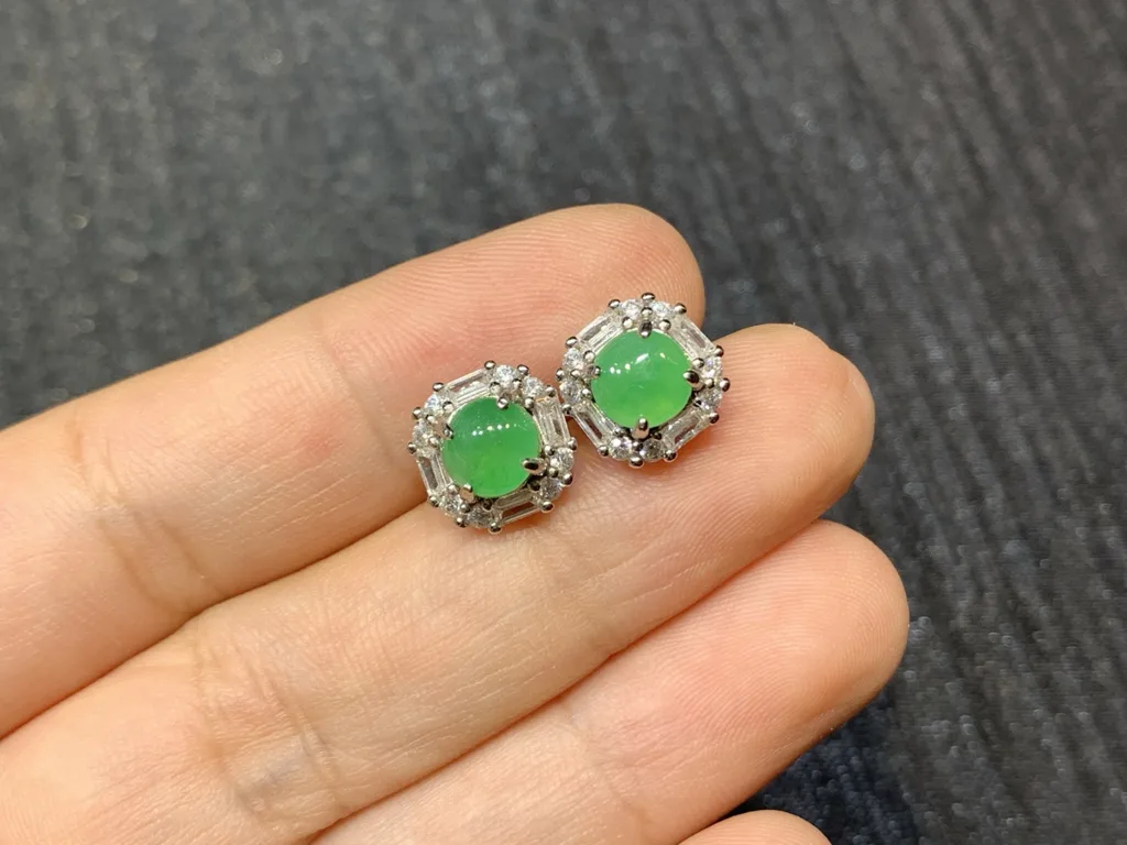 Icy Vivid Green Natural Jadeite Cabochon Stud Earrings — S925 Silver · No. F091 (photo 2)