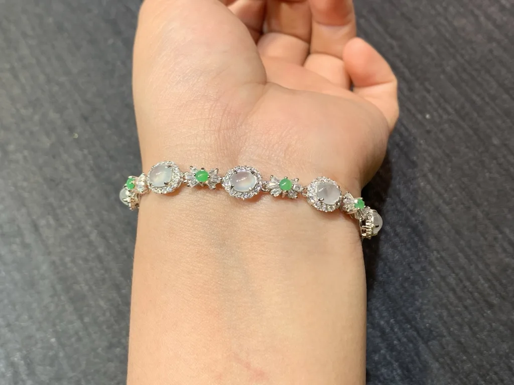High-Icy Glowing Natural Jadeite Cabochon Bracelet — S925 Silver · No. 9B5E (photo 4)