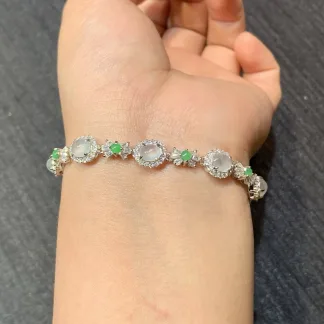 High-Icy Glowing Natural Jadeite Cabochon Bracelet — S925 Silver · No. 9B5E (photo 4)