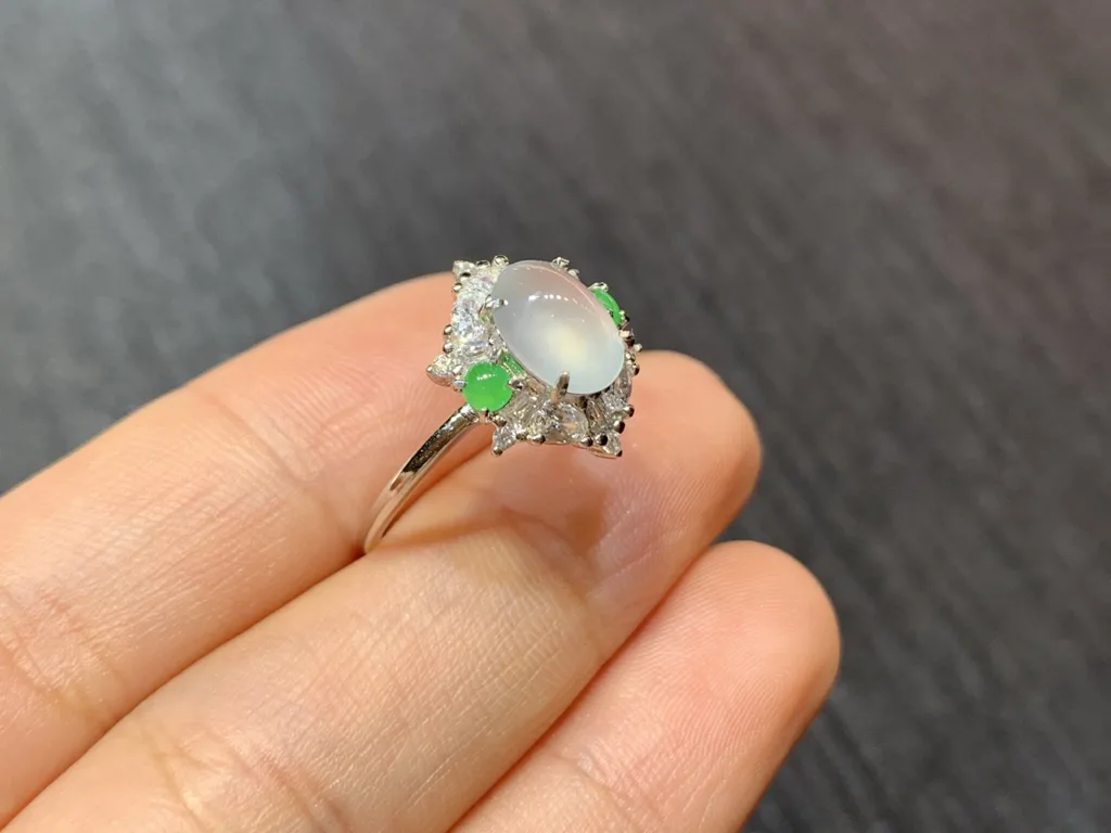 High-Icy Glowing Natural Jadeite Cabochon Ring — S925 Silver · No. 1F1C (photo 4)