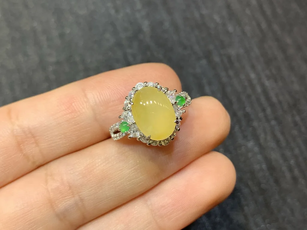 High-Icy Honey Yellow Natural Jadeite Cabochon Ring — S925 Silver · No. 82DF (photo 2)