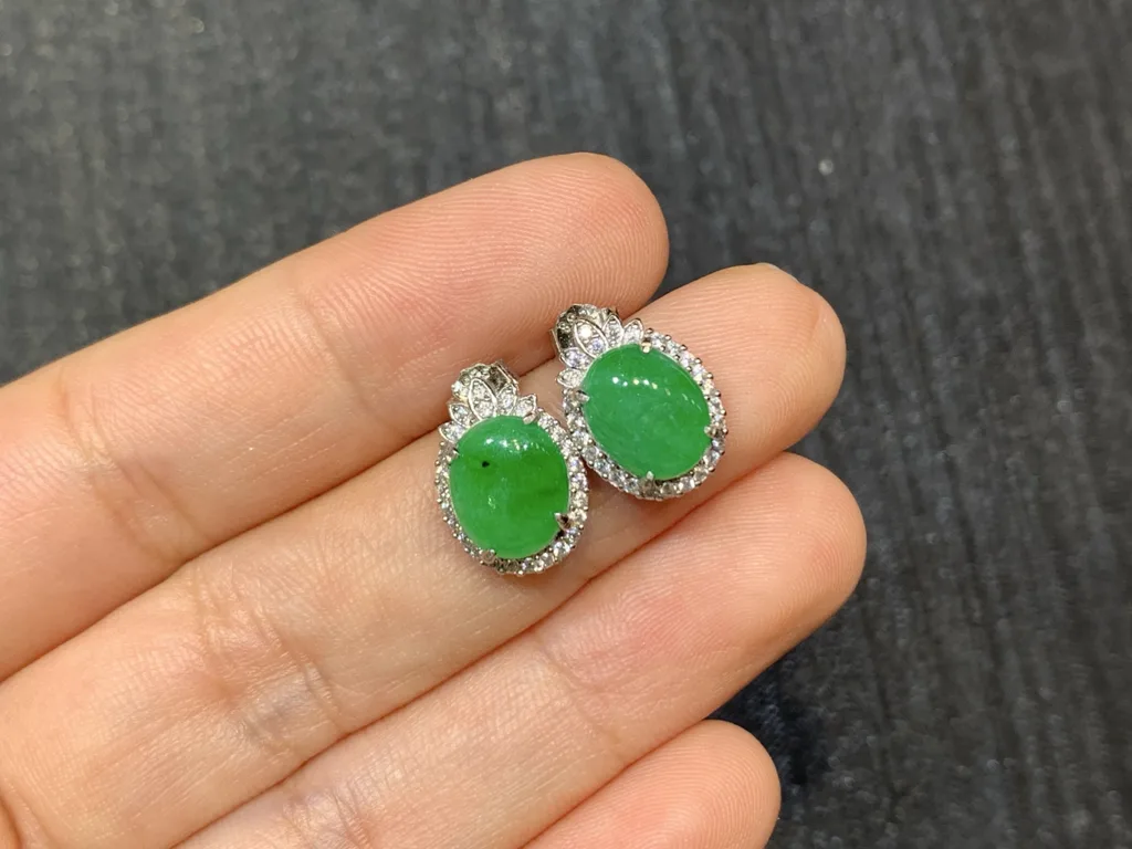 Vivid Green Natural Jadeite Cabochon Stud Earrings — S925 Silver · No. F2EA (photo 2)
