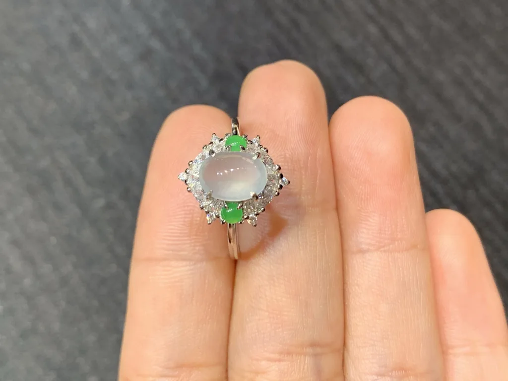 High-Icy Glowing Natural Jadeite Cabochon Ring — S925 Silver · No. 1F1C (photo 3)