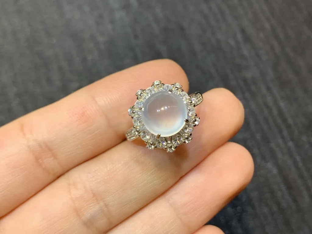 High-Icy Glowing Layered Cabochon Natural Jadeite Cabochon Ring — S925 Silver · No. 5C7D (photo 2)