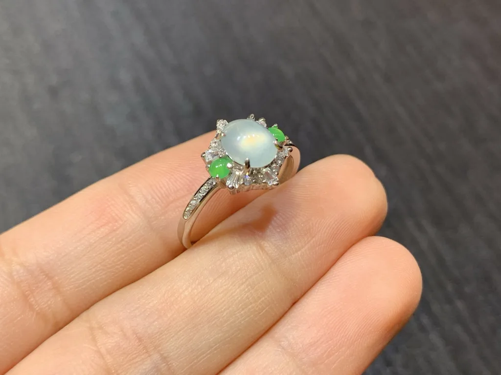 High-Icy Glowing Natural Jadeite Cabochon Ring — S925 Silver · No. 989F (photo 4)