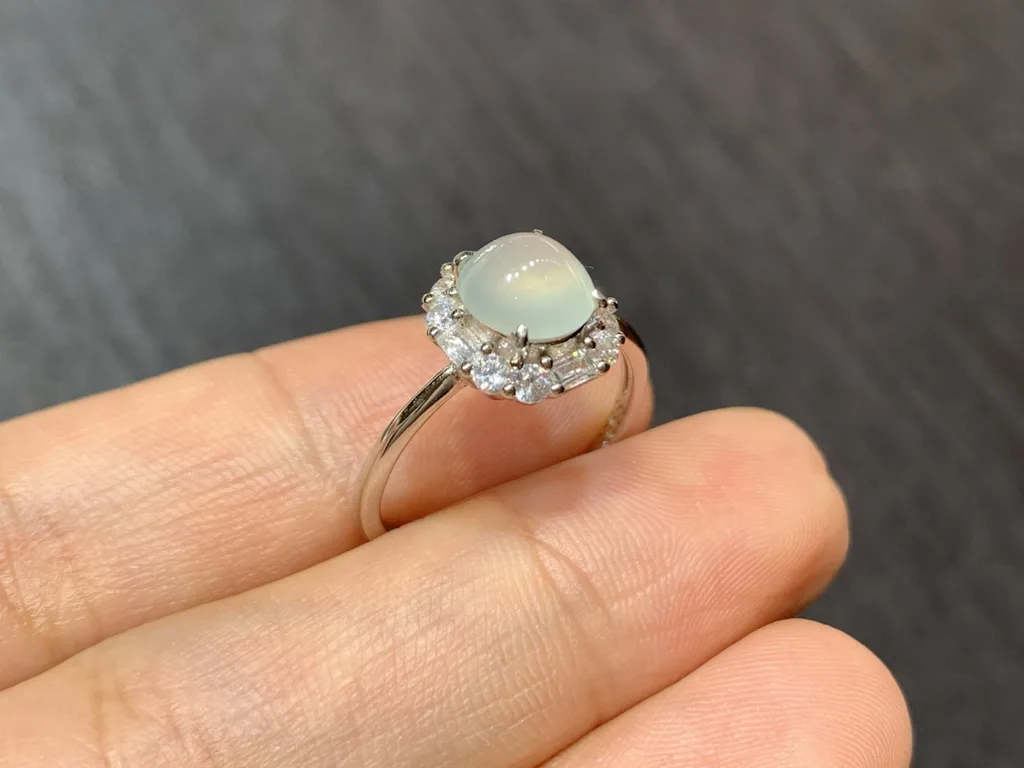 High-Icy Glowing Natural Jadeite Cabochon Ring — S925 Silver · No. 4AED (photo 4)