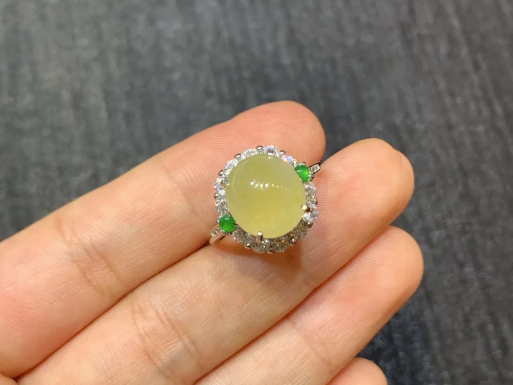 High-Icy Honey Yellow Natural Jadeite Cabochon Ring — S925 Silver · No. 63FB (photo 2)