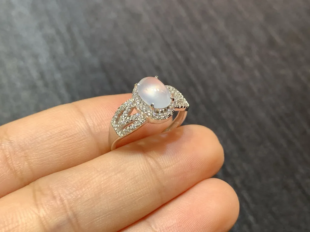 High-Icy Glowing Natural Jadeite Cabochon Ring — S925 Silver · No. B1D8 (photo 4)