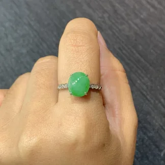 Icy Vivid Green Natural Jadeite Cabochon Ring — S925 Silver · No. B167 (photo 5)