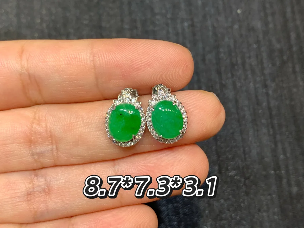 Vivid Green Natural Jadeite Cabochon Stud Earrings — S925 Silver · No. F2EA (photo 1)