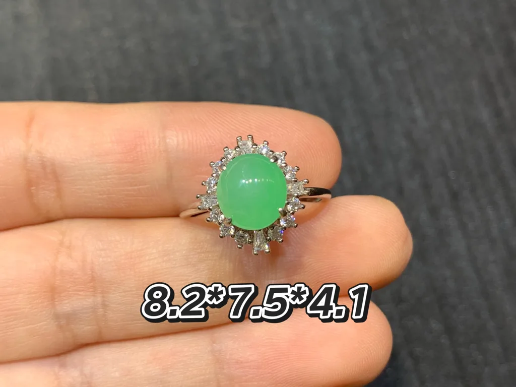 Icy Soft Vivid Green Natural Jadeite Cabochon Ring — S925 Silver · No. 6C8F (photo 1)