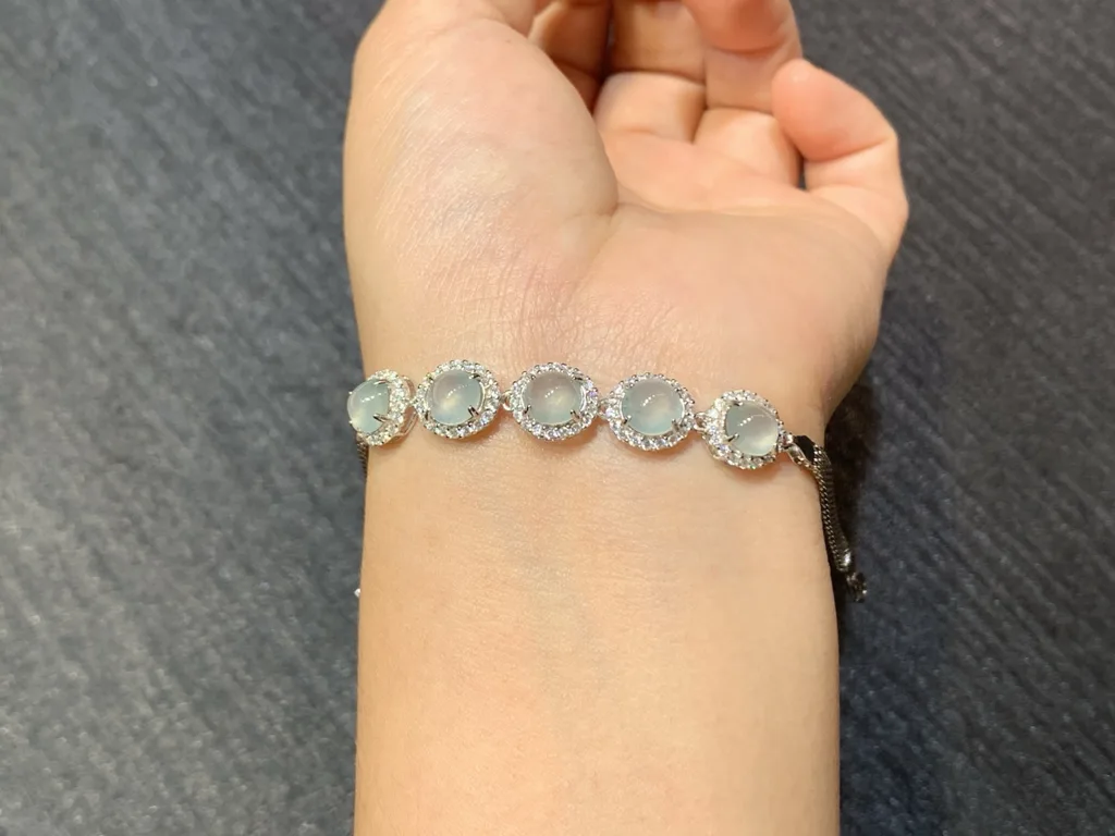 High-Icy Glowing Clear Natural Jadeite Cabochon Bracelet — S925 Silver · No. FAE9 (photo 4)