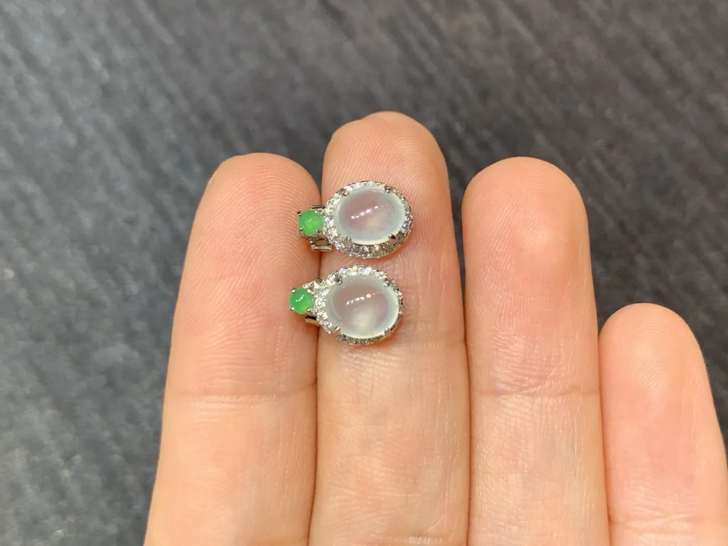 High-Icy Glowing Natural Jadeite Cabochon Stud Earrings — S925 Silver · No. 4B3E (photo 3)