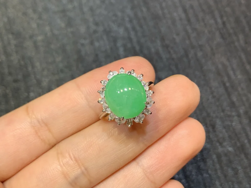 Icy Vivid Green Natural Jadeite Cabochon Ring — S925 Silver · No. 9E48 (photo 2)