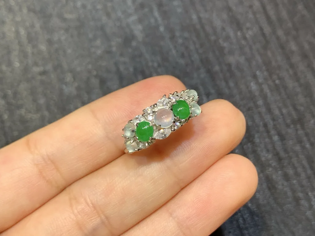 High-Icy Glowing White and Vivid Green Natural Jadeite Cabochon Ring — S925 Silver · No. 49CD (photo 2)