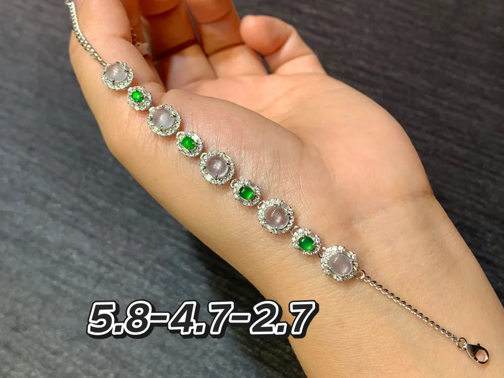 高冰玻璃➕阳绿天然翡翠蛋面手链 S925 银 · 编号 9196（图 1）
