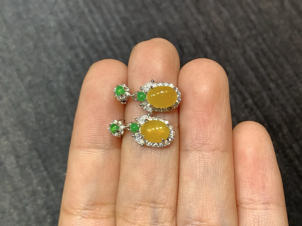 High-Icy Honey Yellow Natural Jadeite Cabochon Drop Earrings — S925 Silver · No. 46F8 (photo 3)