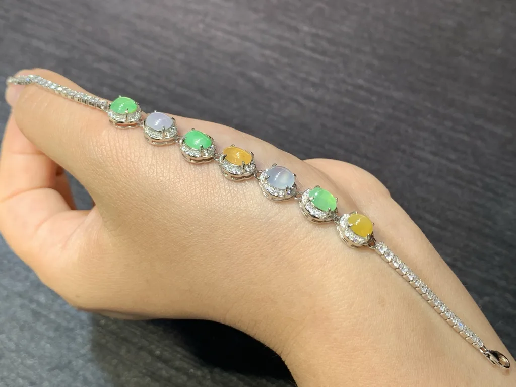 High-Icy Multicolor Natural Jadeite Cabochon Bracelet — S925 Silver · No. 15BD (photo 2)