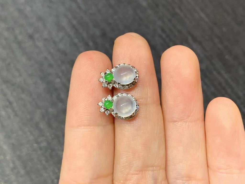 High-Icy Glowing White and Green Natural Jadeite Cabochon Stud Earrings — S925 Silver · No. 8A6E (photo 3)