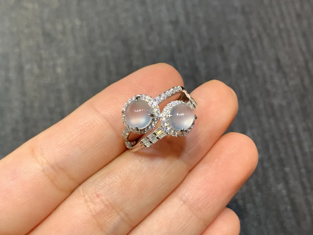High-Icy Radiant Cabochon Natural Jadeite Twin Cabochon Ring — S925 Silver · No. 29CF (photo 2)