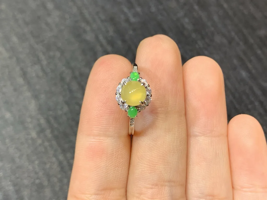High-Icy Honey Yellow Natural Jadeite Cabochon Ring — S925 Silver · No. EE8D (photo 3)