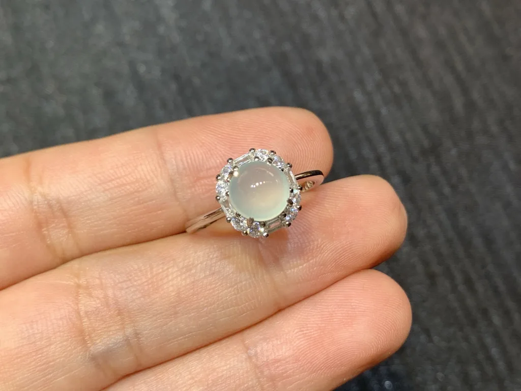 High-Icy Glowing Natural Jadeite Cabochon Ring — S925 Silver · No. 4AED (photo 2)