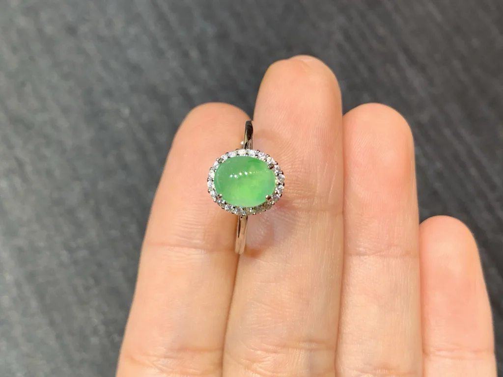 High-Icy Clear Green Natural Jadeite Cabochon Ring — S925 Silver · No. A471 (photo 3)