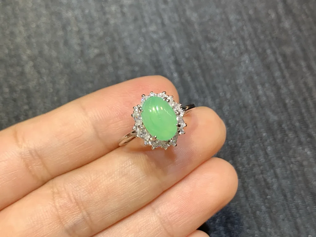 High-Icy Clear Green Natural Jadeite Cabochon Ring — S925 Silver · No. 7CB8 (photo 2)