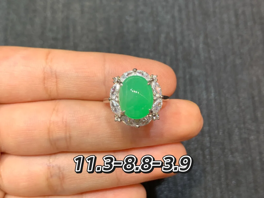High-Icy Vivid Green Natural Jadeite Cabochon Ring — S925 Silver · No. 23B9 (photo 1)