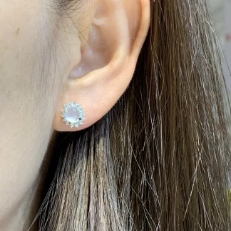 High-Icy Glowing Natural Jadeite Cabochon Stud Earrings — S925 Silver · No. 8F44 (photo 5)