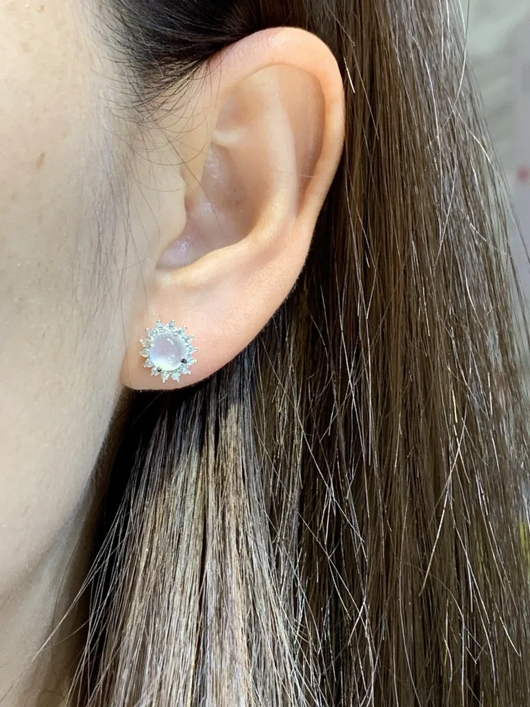 High-Icy Glowing Natural Jadeite Cabochon Stud Earrings — S925 Silver · No. 8F44 (photo 5)