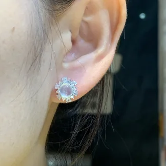 High-Icy Glowing Natural Jadeite Cabochon Stud Earrings — S925 Silver · No. 53AE (photo 5)
