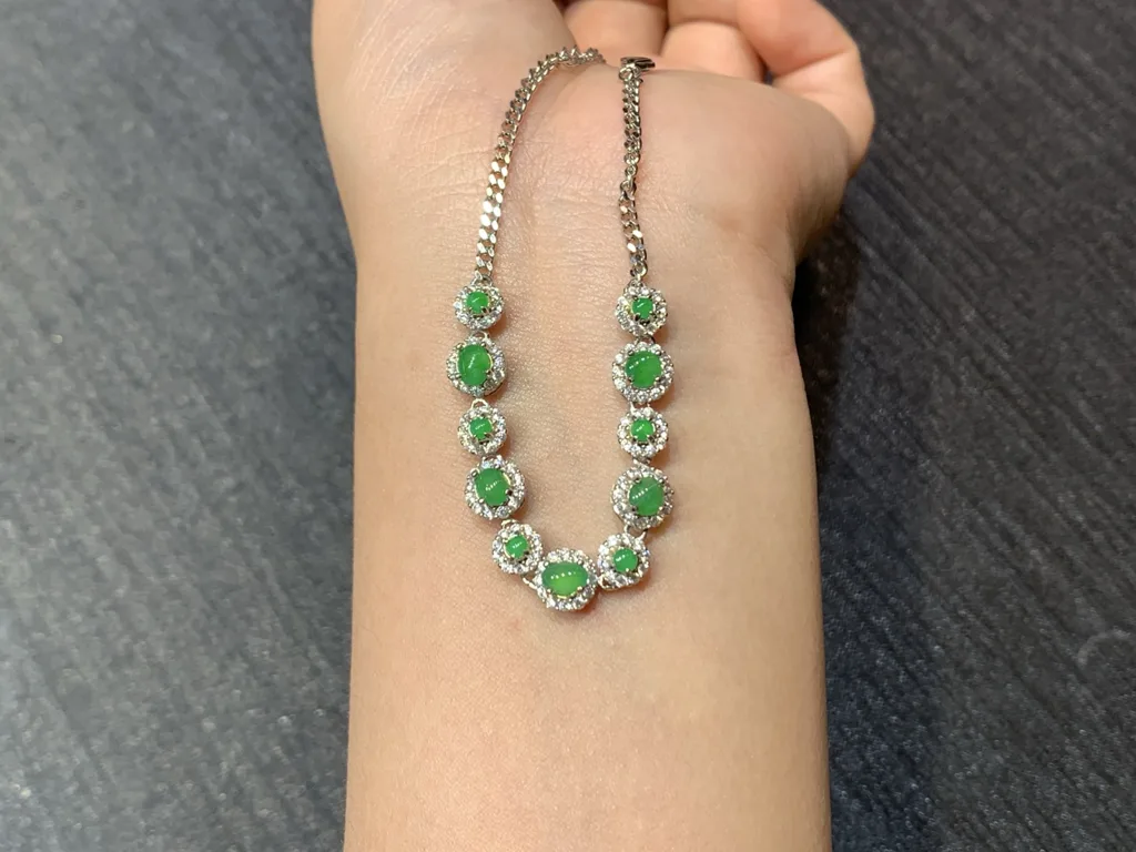 Icy Vivid Green Natural Jadeite Cabochon Bracelet — S925 Silver · No. D325 (photo 3)