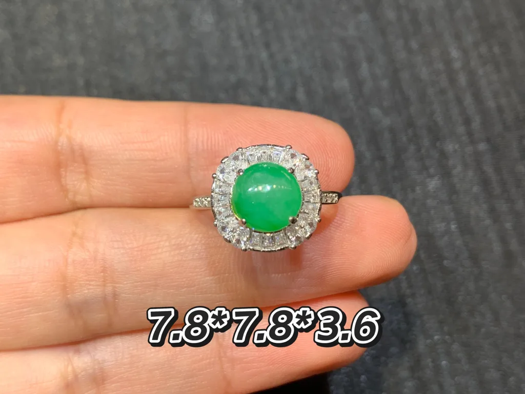 Icy Vivid Green Natural Jadeite Cabochon Ring — S925 Silver · No. 8993 (photo 1)