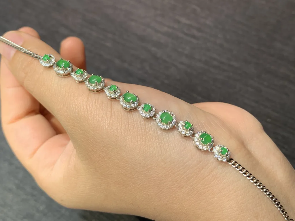 Icy Vivid Green Natural Jadeite Cabochon Bracelet — S925 Silver · No. D325 (photo 2)