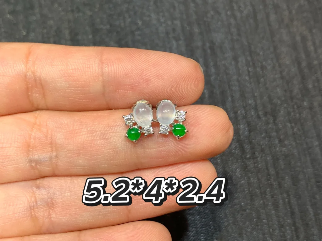 High-Icy Glowing White and Green Natural Jadeite Cabochon Stud Earrings — S925 Silver · No. CE26 (photo 1)