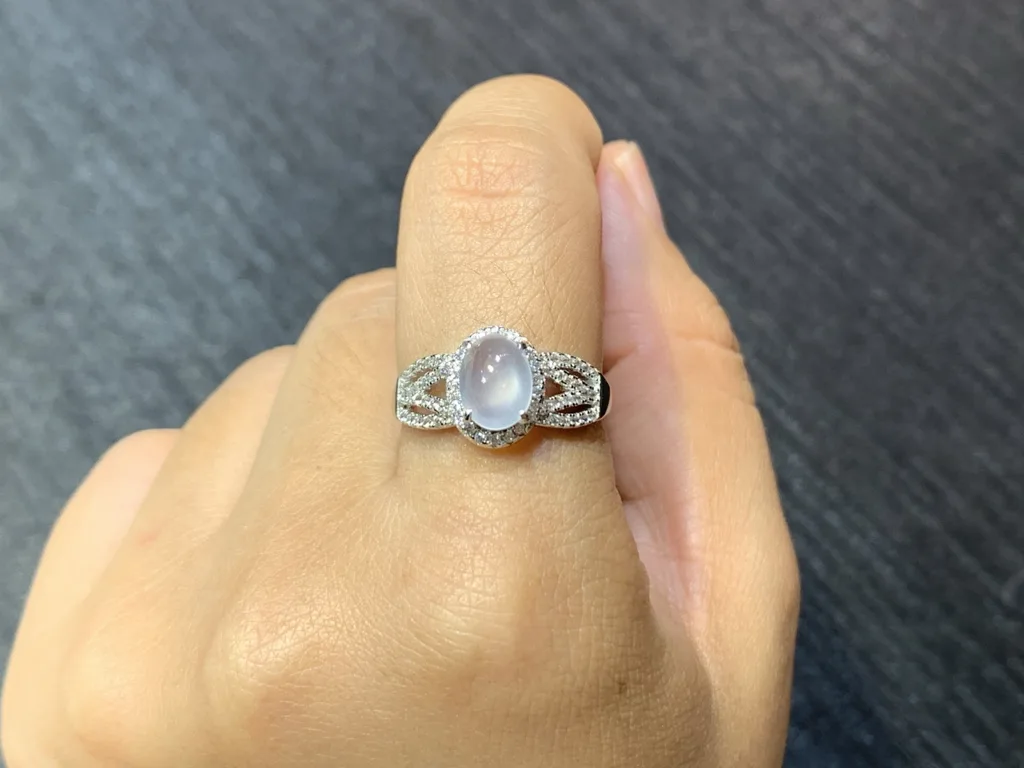 High-Icy Glowing Natural Jadeite Cabochon Ring — S925 Silver · No. B1D8 (photo 5)