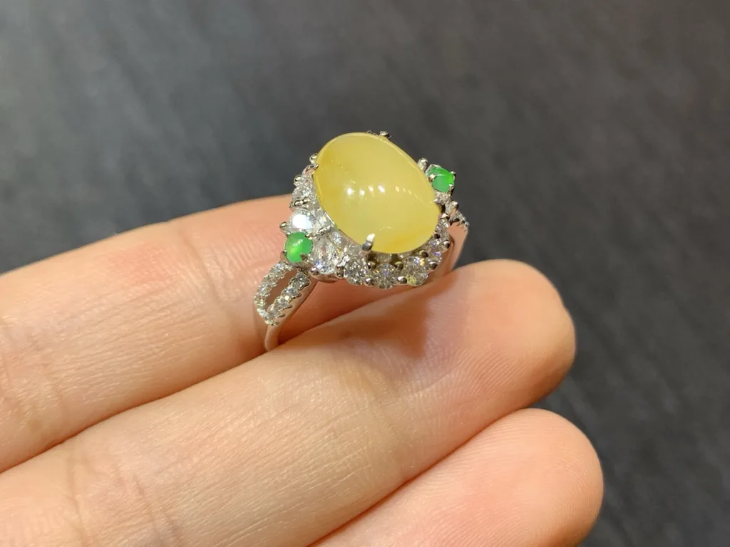 High-Icy Honey Yellow Natural Jadeite Cabochon Ring — S925 Silver · No. 82DF (photo 4)