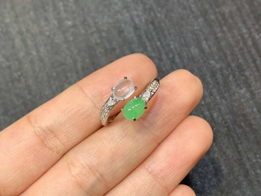 High-Icy White and Green Natural Jadeite Cabochon Ring — S925 Silver · No. 10B2 (photo 2)