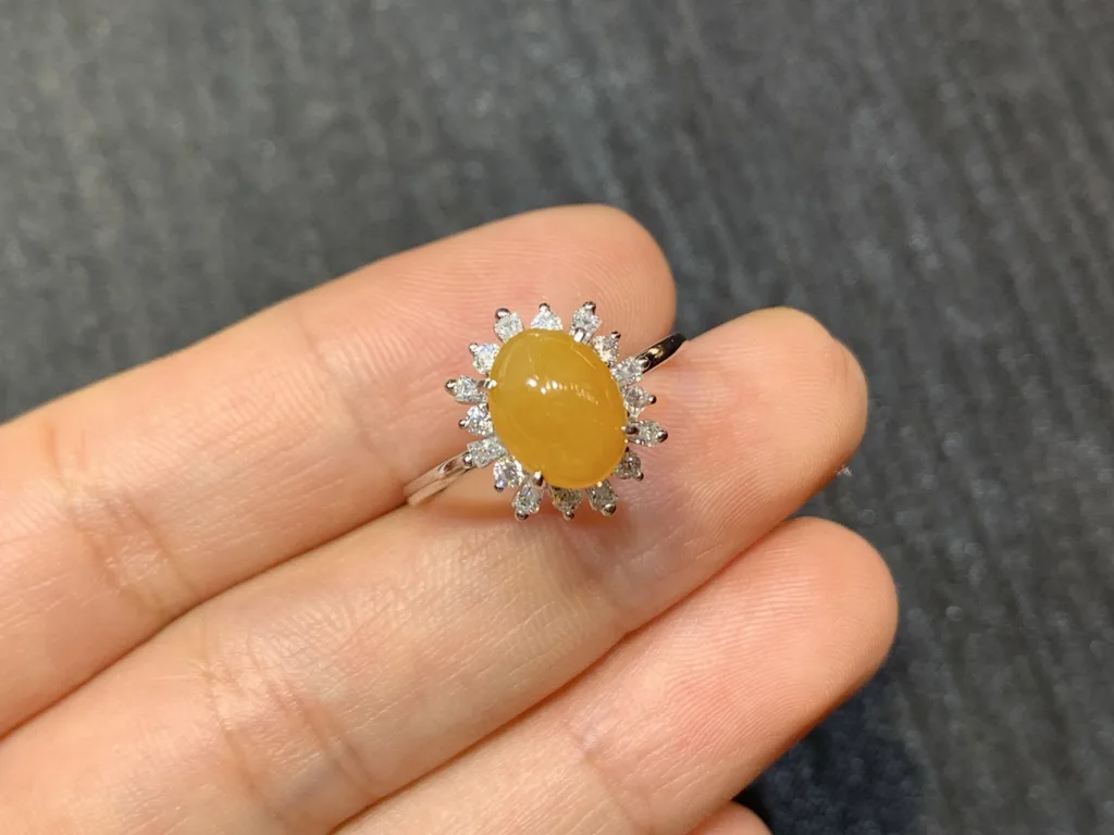 Icy Honey Yellow Natural Jadeite Cabochon Ring — S925 Silver · No. 1A3A (photo 2)