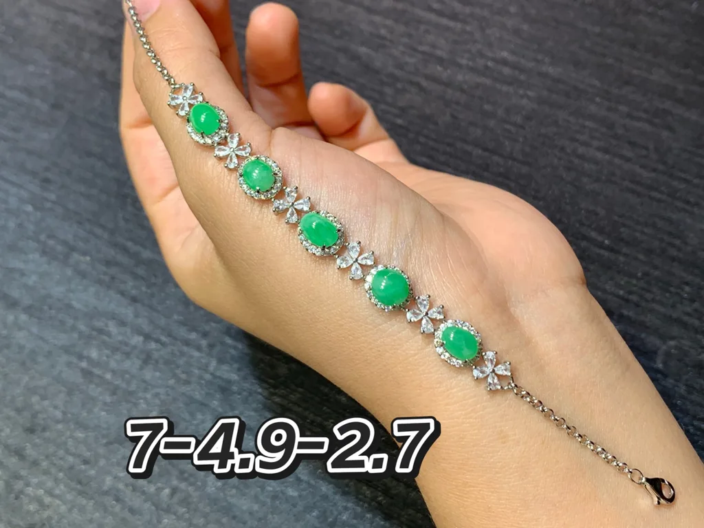 Icy Vivid Green Natural Jadeite Cabochon Bracelet — S925 Silver · No. 650D (photo 1)