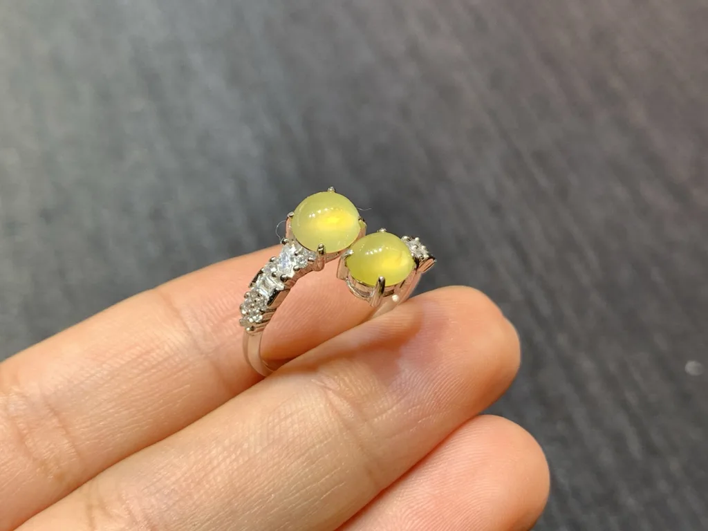 High-Icy Honey Yellow Natural Jadeite Twin Cabochon Ring — S925 Silver · No. CFF6 (photo 4)
