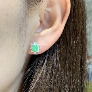 Icy Vivid Green Natural Jadeite Cabochon Stud Earrings — S925 Silver · No. EEF4 (photo 5)