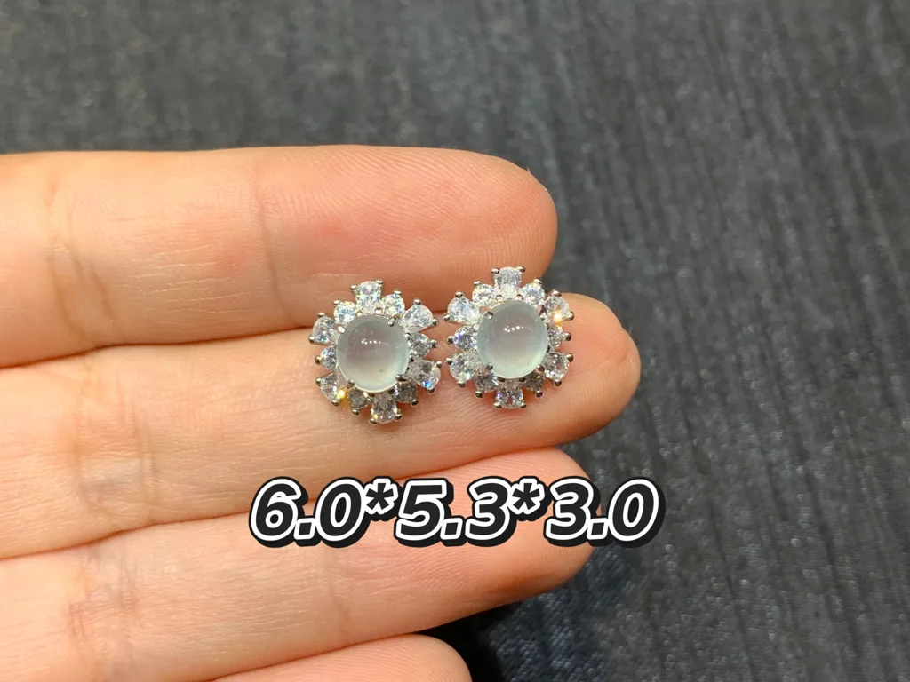 Icy Glowing Natural Jadeite Cabochon Stud Earrings — S925 Silver · No. 6306 (photo 1)