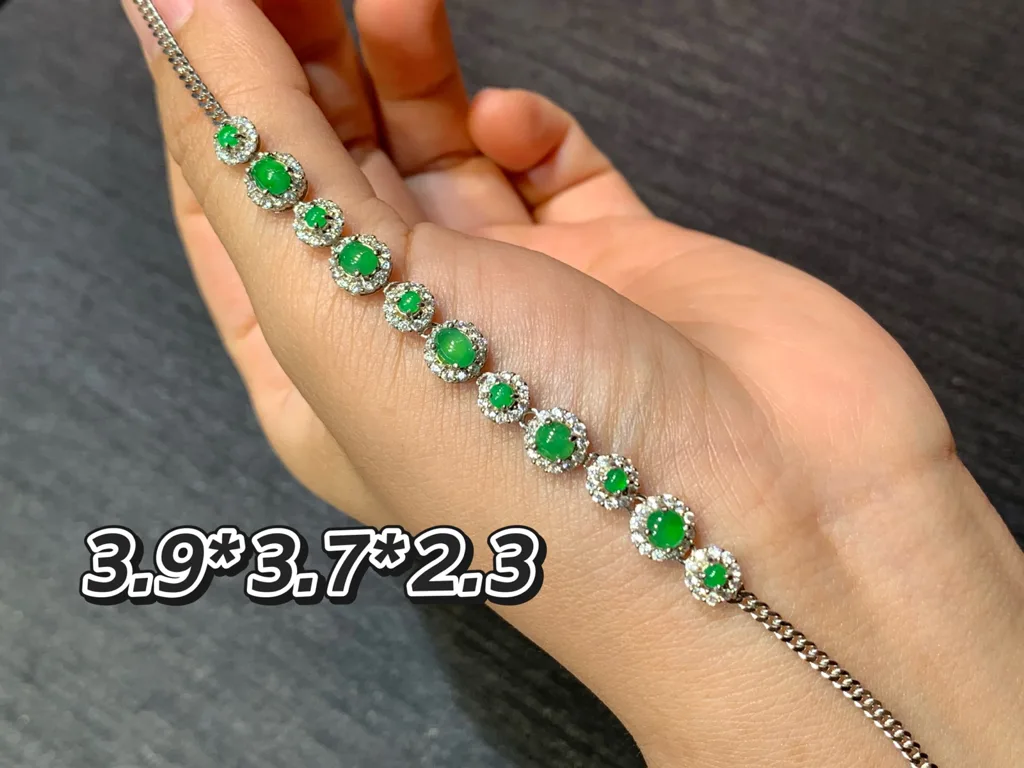 Icy Vivid Green Natural Jadeite Cabochon Bracelet — S925 Silver · No. D325 (photo 1)