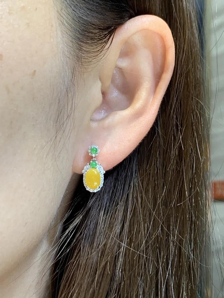 High-Icy Honey Yellow Natural Jadeite Cabochon Drop Earrings — S925 Silver · No. 46F8 (photo 5)